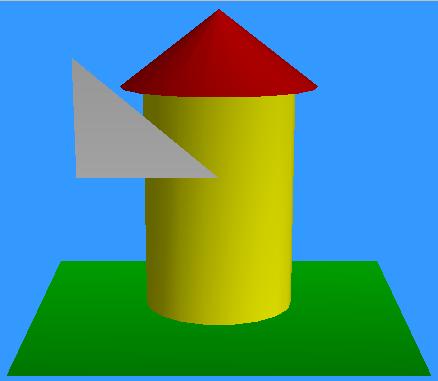 1.2. Cylinder Add a vertical cylinder to reproduce the windmill body. glcolor3f(0.9, 0.9, 0.); glpushmatrix(); glscalef(1., 1., 3.); glutsolidcylinder(1., 1., 32, 1); glpopmatrix(); 1.3. Arm Add a triangular polygon to reproduce one of the windmill arms.