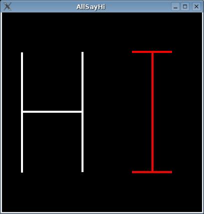 Program to draw lines of HI Default view coordinates go from -1.0 to 1.0 in both X and Y That is, lower left corner is (-1.0, -1.