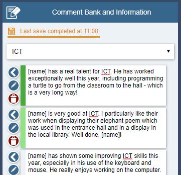 Choose the Section Title you require (such as ICT as shown on the right) and your personal COMMENT BANK will load in the