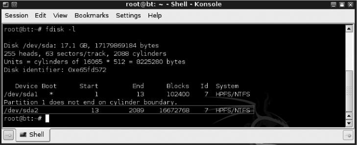 10 Defense against the Black Arts 4. View the Windows 7 partitions by typing the command fdisk l.