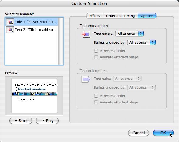 2. Modify Animation Settings: a. To change the animation order, click on Order and Timing tab. b. Select the object by clicking on it once.