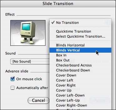The Slide Transition Task Pane should appear. b. Use the pull down menu to select the transition of your ch