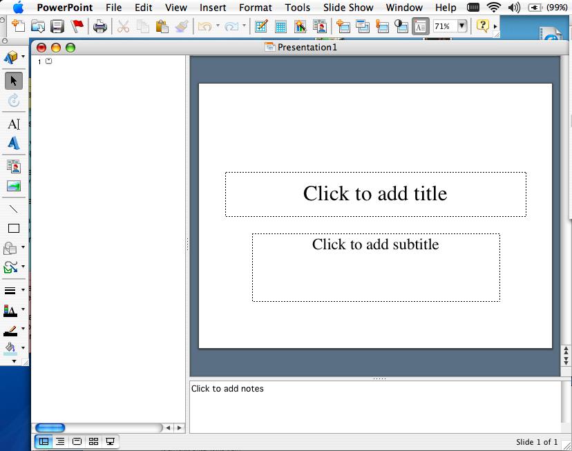 PowerPoint Window Outline Pane Slide Pane Notes Pane Outline Pane View of outline for all slides in the presentation Slide Pane View of actual slide that will be presented.