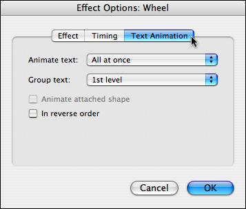 To change the timing of the animation, click on the Effect Options button and the Effect Options:Wheel should appear.