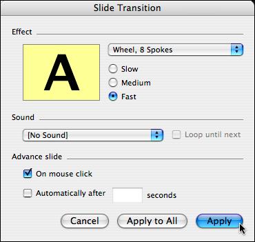 You can choose the speed of the transition, adding sound, and adjusting how you would like the slides to advance. c. If you would like to advance your slides automatically (e.