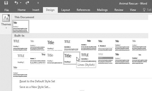 Styles, Quick Style sets, Designs and Themes: putting the pieces together 1. Carefully format your document using the Styles Gallery.