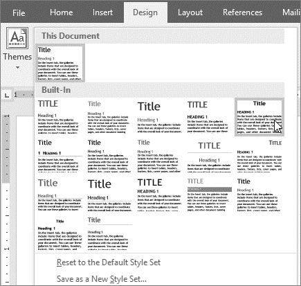 3. The selected style set will be applied to your entire document. Choose a Document Theme 1. For a new document, select File > New and then select one of the themes.