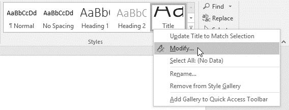 Change the Theme Fonts 1. Select Design > Fonts. 2. Point to a font to see how it will look in your document. 3. Select a font. To Modify a Style 1.
