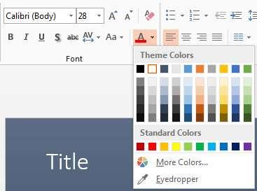 Change Text Color Select the text and click the Colors button included on the Font