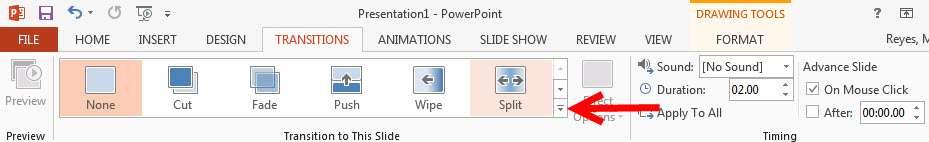 Modify the transition speed by clicking the arrows next to Duration box: Slide