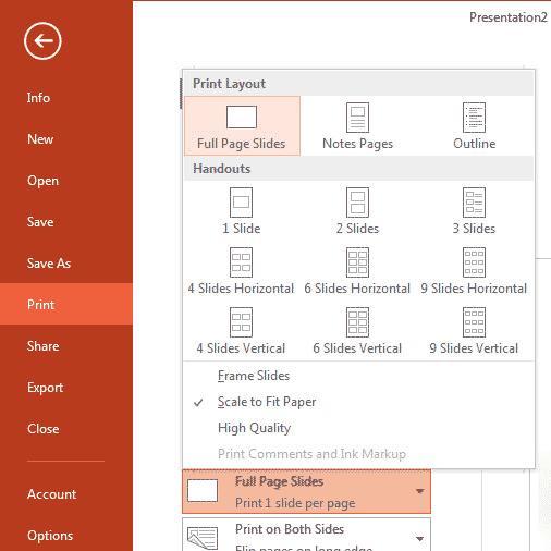 Print a Presentation Click the File menu tab. Click Print. In the Print Dialog Box, click the Full Page Slides option.