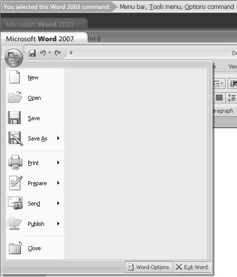See how the view switches to Word 2007, and the Office Button