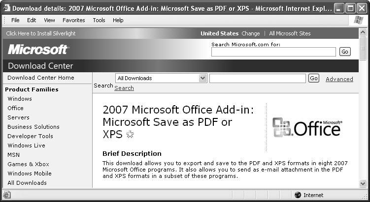 Appendix A Locating the Save as PDF or XPS Add-In from Microsoft Since website addresses have a tendency to change over time, these step-by-step directions will show you how to use the