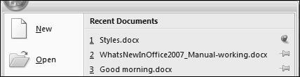 With Word 2007 open, click the Office button. 2. Look at the Recent Documents list, and locate Styles.docx. 3.