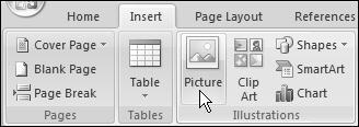 On the Ribbon, click the Insert tab. 3. On the Insert tab of the Ribbon, locate the Illustrations group, and click the Picture command. 4.