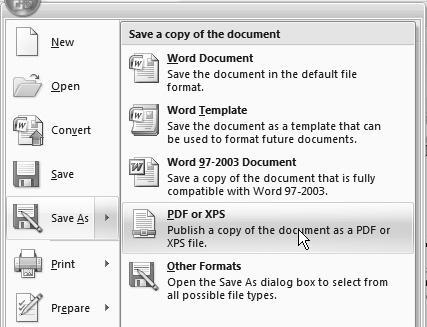 Exercise Save a Document as a PDF 1. In Microsoft Word 2007, open Styles.docx. 2. Click the Office button. 3. In the left pane of the Office Button window, click Prepare. 4.