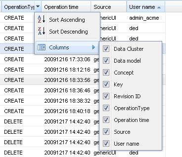 Viewing log files for all data records Hover the cursor over any of the column headings and click on the arrow. A drop down menu appears. Select Columns from the drop down list.