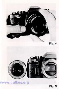 CHANGING LENSES To remove the lens from the camera. Keep the Lens Release Lever pressed in, and turn the lens in the direction of the arrow counterclockwise. (Fig.