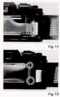 Insert the film in the Film Chamber and push the Film Rewind Knob down to its former position. (Fig. 10) 3.