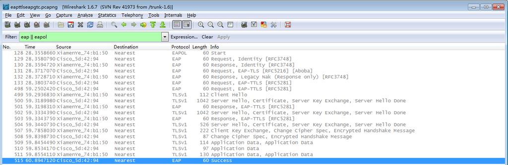 The following screenshot of the Wireshark shows a sample of a successful authentication process using the EAP-TTLS/EAP-GTC protocol: The following screenshot of the Wireshark shows a sample of a