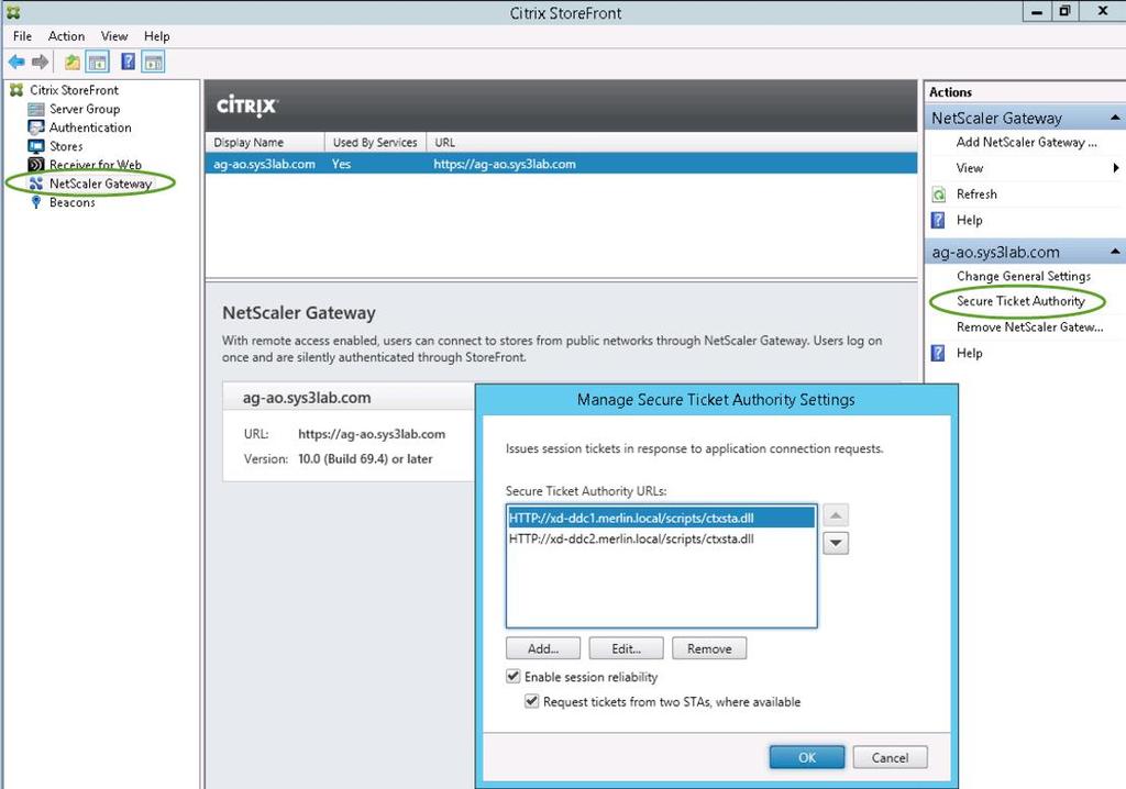 5. Select the NetScaler Gateway node in the left pane of the console and perform the following actions: a.