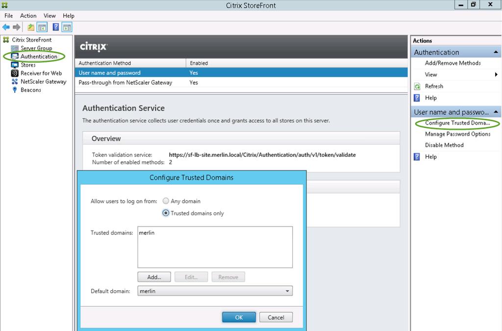 7. In the Authentication option of the console, select the Pass-through from NetScaler Gateway method.