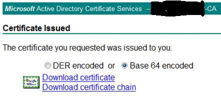 2. On the Certificate Issued page, select Base 64 encoded and click Download certificate chain.