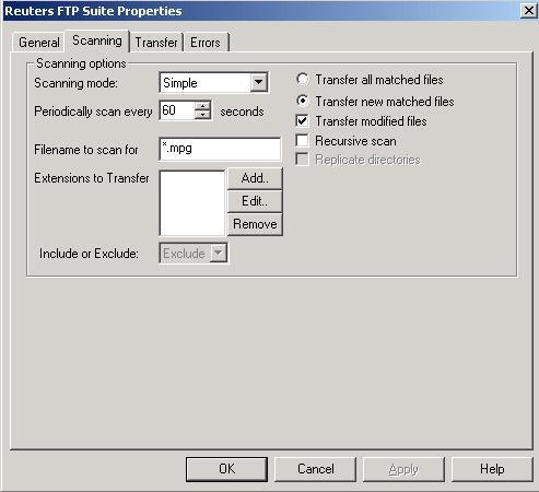 5. Select the Scanning tab. Change the value in the Filename to scan for field to *.mpg. Click OK. 6.