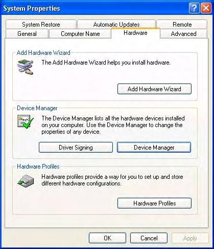 The "Device Manager" can be viewed as follows (the actual procedure may be slightly different according to the Windows version): Right click the "My Computer" icon and choose "Properties" in the