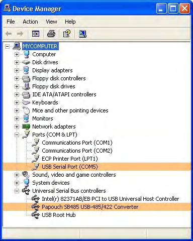 In the "Ports (COM & LPT)" item of the "Device Manager," you can see the COM port on which the RS485 or RS422 line is accessible. Set the number of this port in your application.