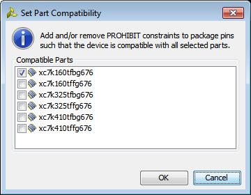 Step 7: Placing I/O Ports Figure 23: Set Part Compatibility Dialog Box 4. In the confirmation dialog box, click OK to indicate that no prohibit constraints were placed.