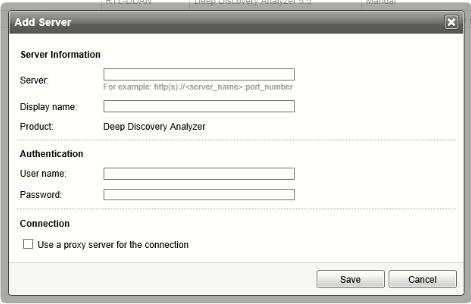 On the Control Manager Server console >Go to Administration > Select Manager Server 2. Click Add, and Add server window will appear. 3. Enter the Deep Discovery Analyzer Server Information 4.