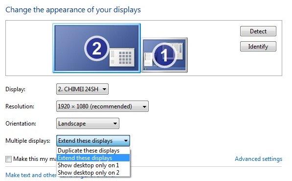 3. Multiple Displays User can set Extend these displays to extend the second display. (System default), or Duplicate these displays to mirror the primary display settings.