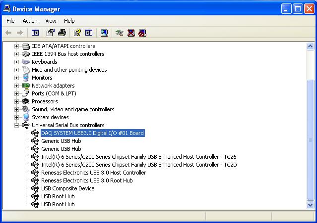 If you successfully complete the wizard, you can find the item DAQ SYSTEM USB3.0 Digital I/O #01 Board in the Device Manager window as shown in [Figure 4-6]