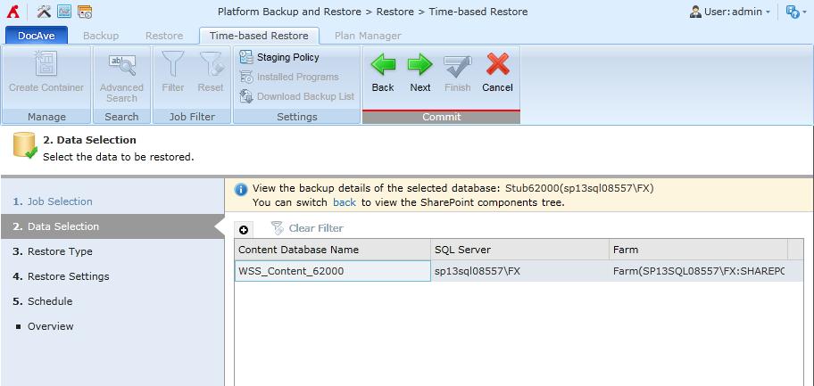 Restre SharePint farm cmpnents Select the lcatin where t restre the backup data.