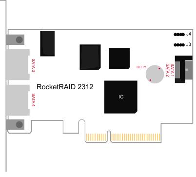 RocketRAID 231x/0x Hardware Description/Installation RocketRAID 2312 SATA1, SATA2 These represent the host adapter s two internal SATAII channels SATA3, SATA4 These represent the host adapter s two