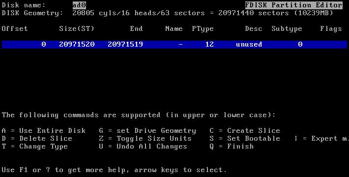 4. FreeBSD Installer: Partition (2) Create slice Press