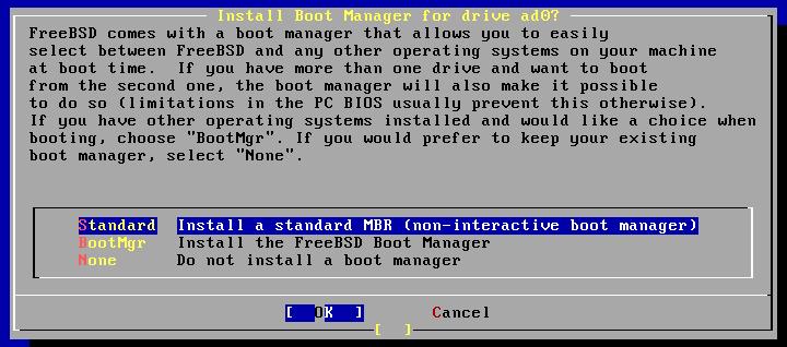 4. FreeBSD Installer: Partition (4) Choose boot manager Standard BootMgr None