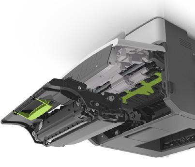 8 Insert the toner cartridge by aligning the side rails of the cartridge with the arrows on the side rails inside the printer, and