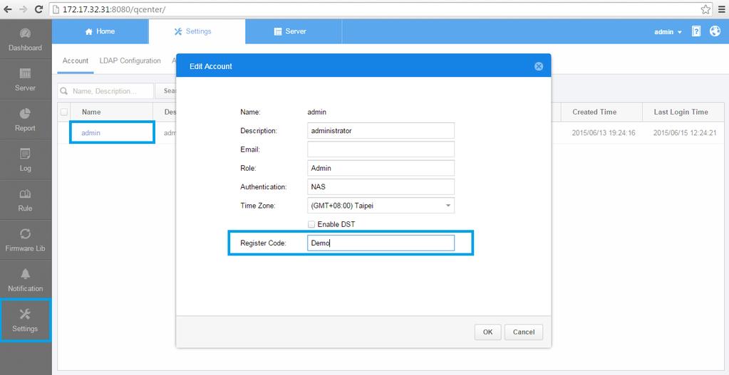 In the Settings, select the Admin or Power User account, and input the "Register Code" for authentication. 2.3.