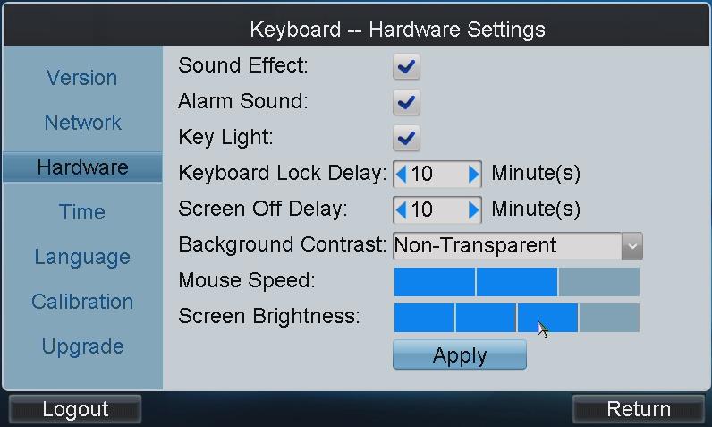 2. Configure the Sound Effect, Alarm Sound, Key Light, Keyboard Lock Delay, Screen Off Delay, Background Contrast, Mouse Speed and Screen Brightness.