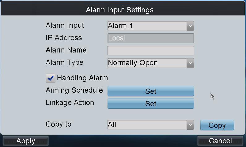 4 Alarm Settings Purpose: You can configure the alarm input, alarm output and manual alarm.