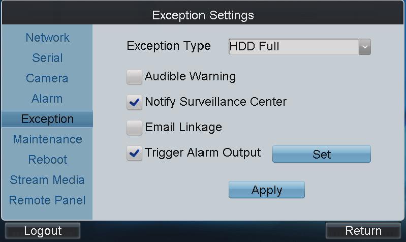 4.3.5 Exceptions Purpose: You can configure the exception handling method (s) for each exception type. 1. Tap Exceptions on the Remote Settings interface to enter the Exception Settings interface.