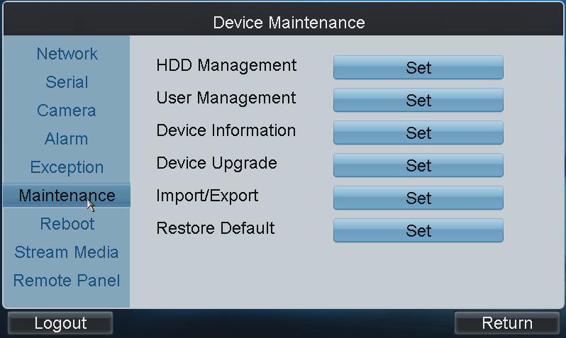 Figure 4.41 Device Maintenance 2. Tap the Set button to set the corresponding parameters. HDD Management: Set and initialize HDD, and set HDD in group management.