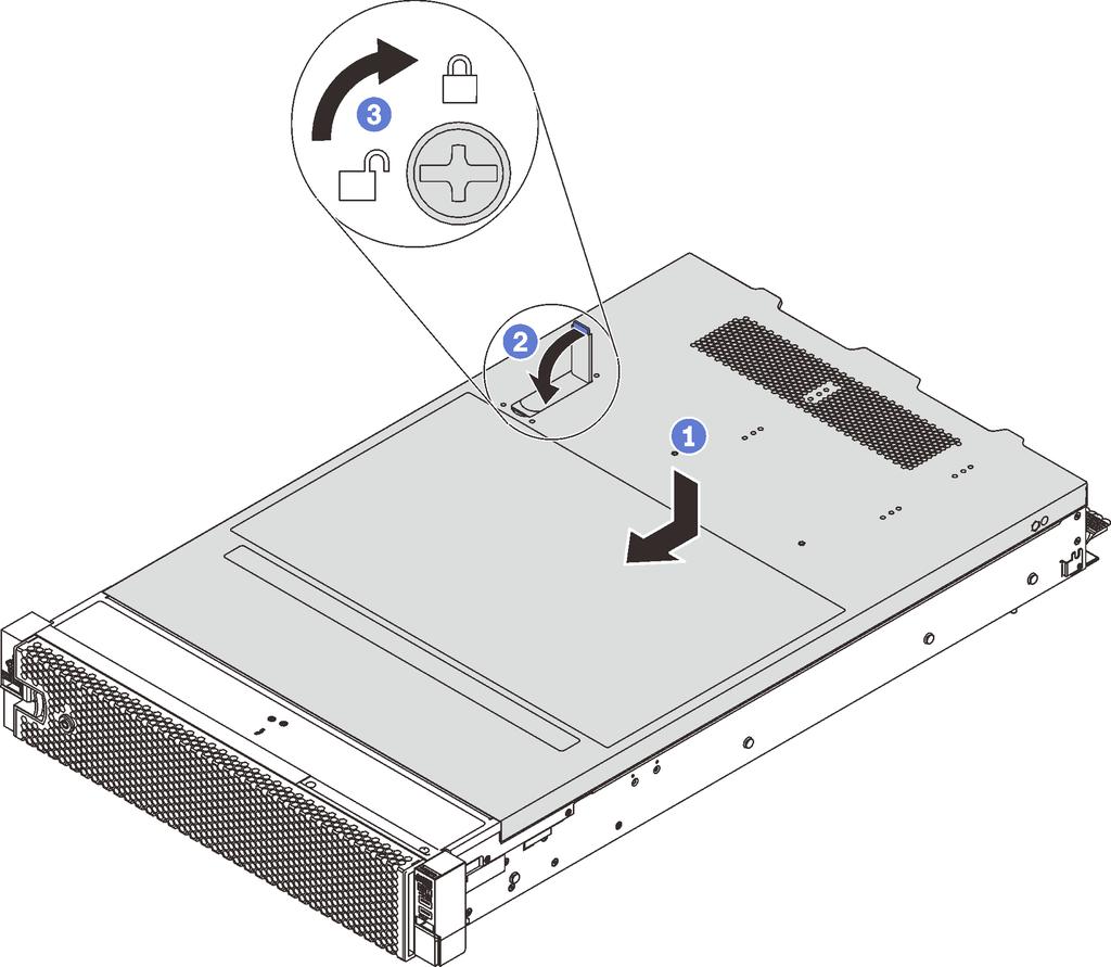 Figure 54. Top cover installation Note: Before you slide the cover forward, ensure that the tabs on the front, rear, and side of the cover engage the chassis correctly.