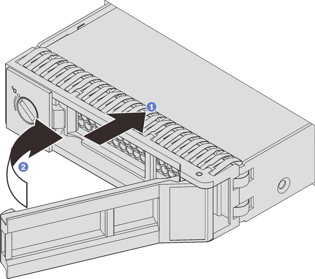 Figure 60. Simple-swap drive installation Step 1. Ensure that the drive handle is in the open position. Slide the drive into the drive bay until it snaps into position. Step 2.