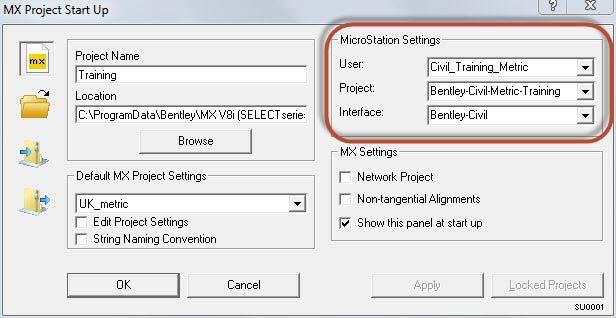 a. Click New Project and in the MX Project Start Up window define the MicroStation Settings as shown.