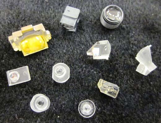 Plastic optical components with small overall dimensions Lenses Prisms Beam splitters Light Pipes Although the optical surfaces of these components are small, it is the impact on mechanical