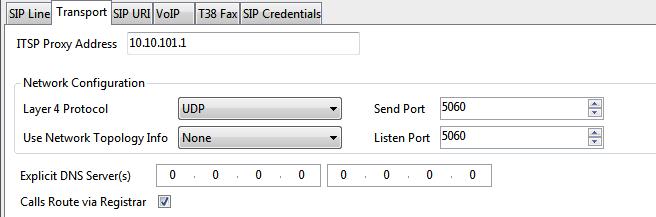 Click on the Transport tab. Enter the address of the Optimum Business SIP Trunk Adaptor next to ITSP Proxy Address. Select UDP next to Layer 4 Protocol & enter 5060 for ports.