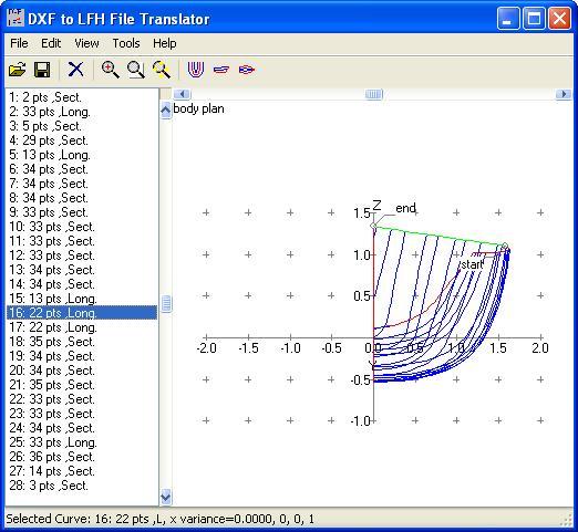 5. Screen shot of the DXF to LFH converter showing longitudinal and sectional curves.